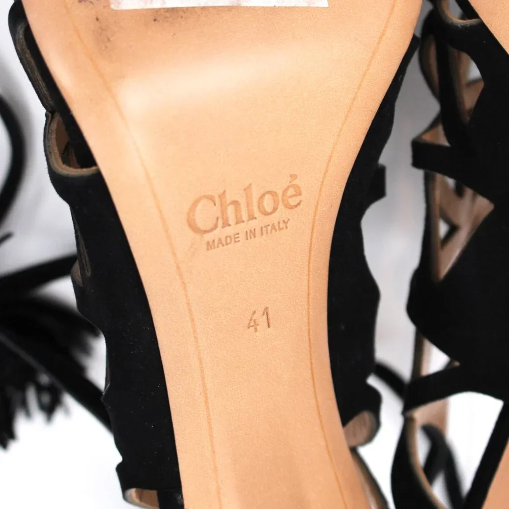 Chloè Kendal Black Suede Caged Cut-Out Heeled Tassel Tie Ankle Sandals 41 Heels